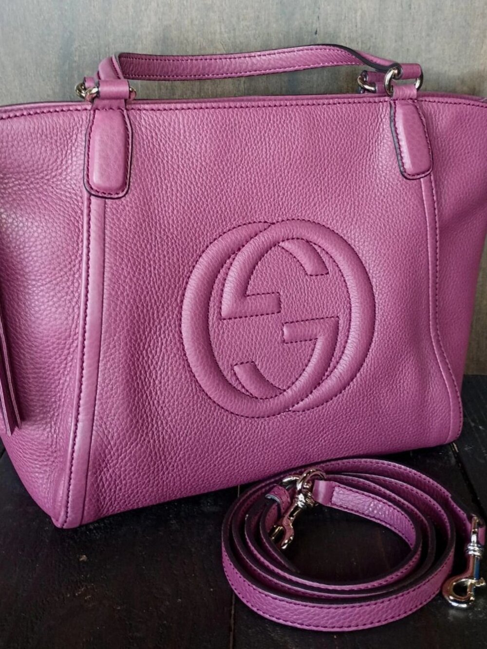 Gucci Pebbled Calfskin Small Soho Top Handle Bag Peonia Flower Purple